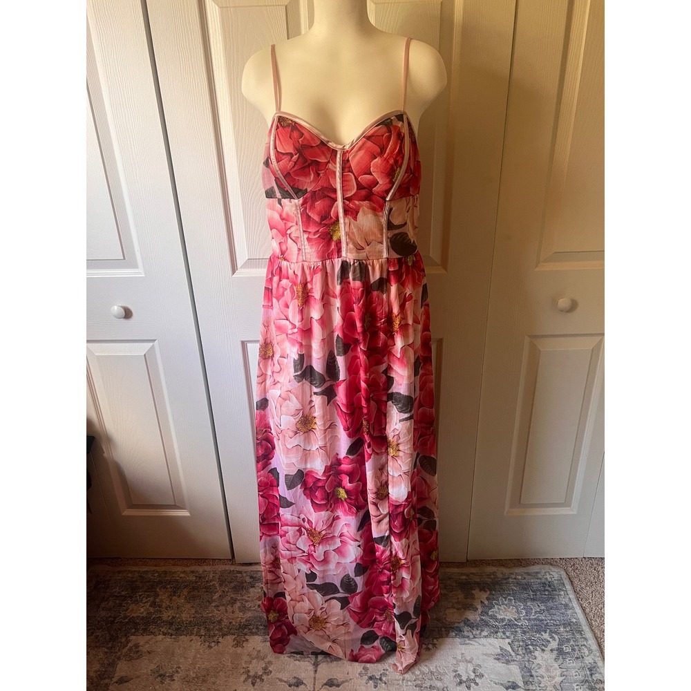 Pink Floral Corset Maxi Dress Sweetheart Neck